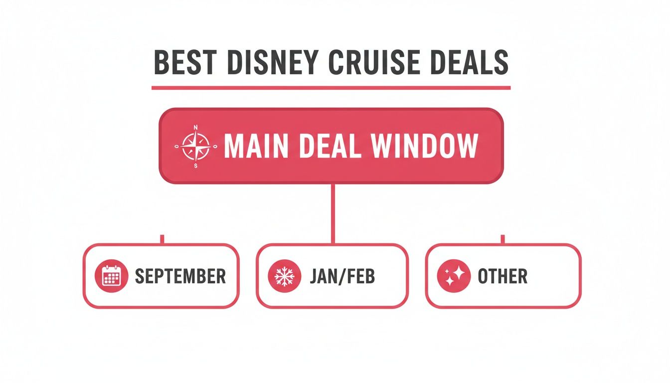 A flowchart detailing the best Disney cruise deal windows, highlighting September, January/February, and other times.