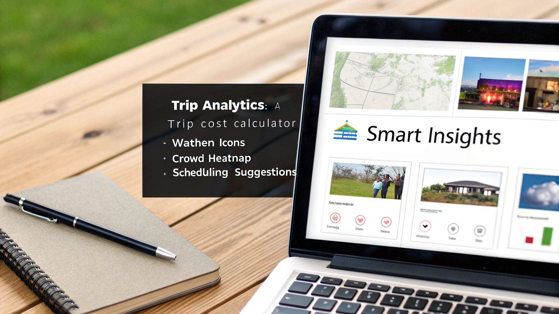 A laptop displaying 'Smart Insights' software and a notebook on a wooden table, with 'Trip Analytics' text overlay.