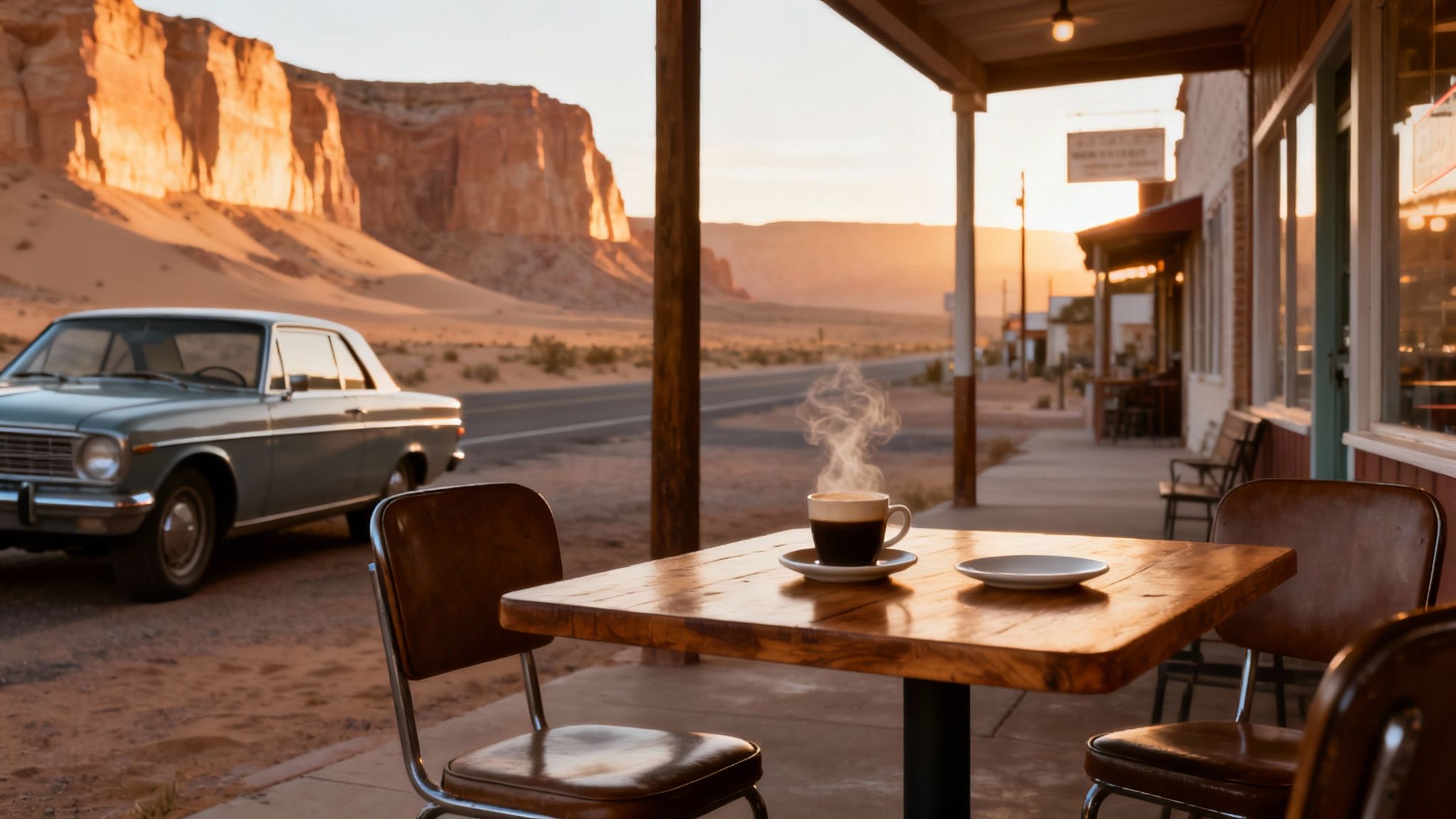 A steaming cup of coffee on a cafe patio overlooking a classic car and desert landscape at sunset.