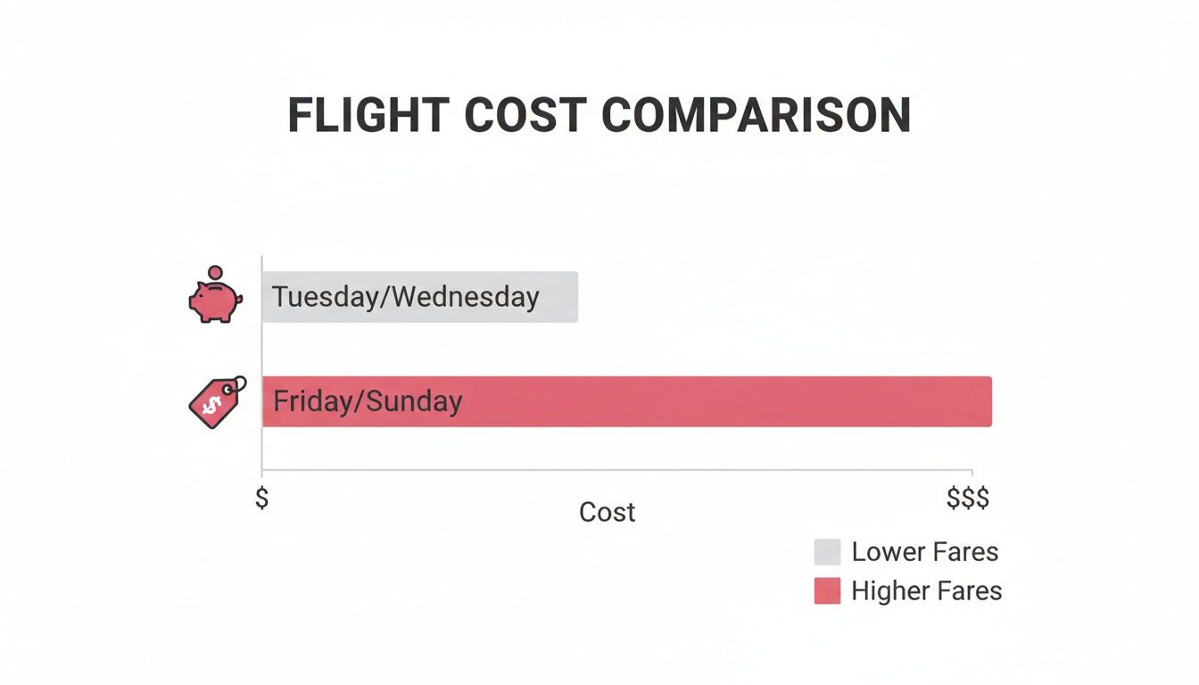 Bar chart comparing flight costs: Tuesday/Wednesday offers lower fares, while Friday/Sunday has higher fares.