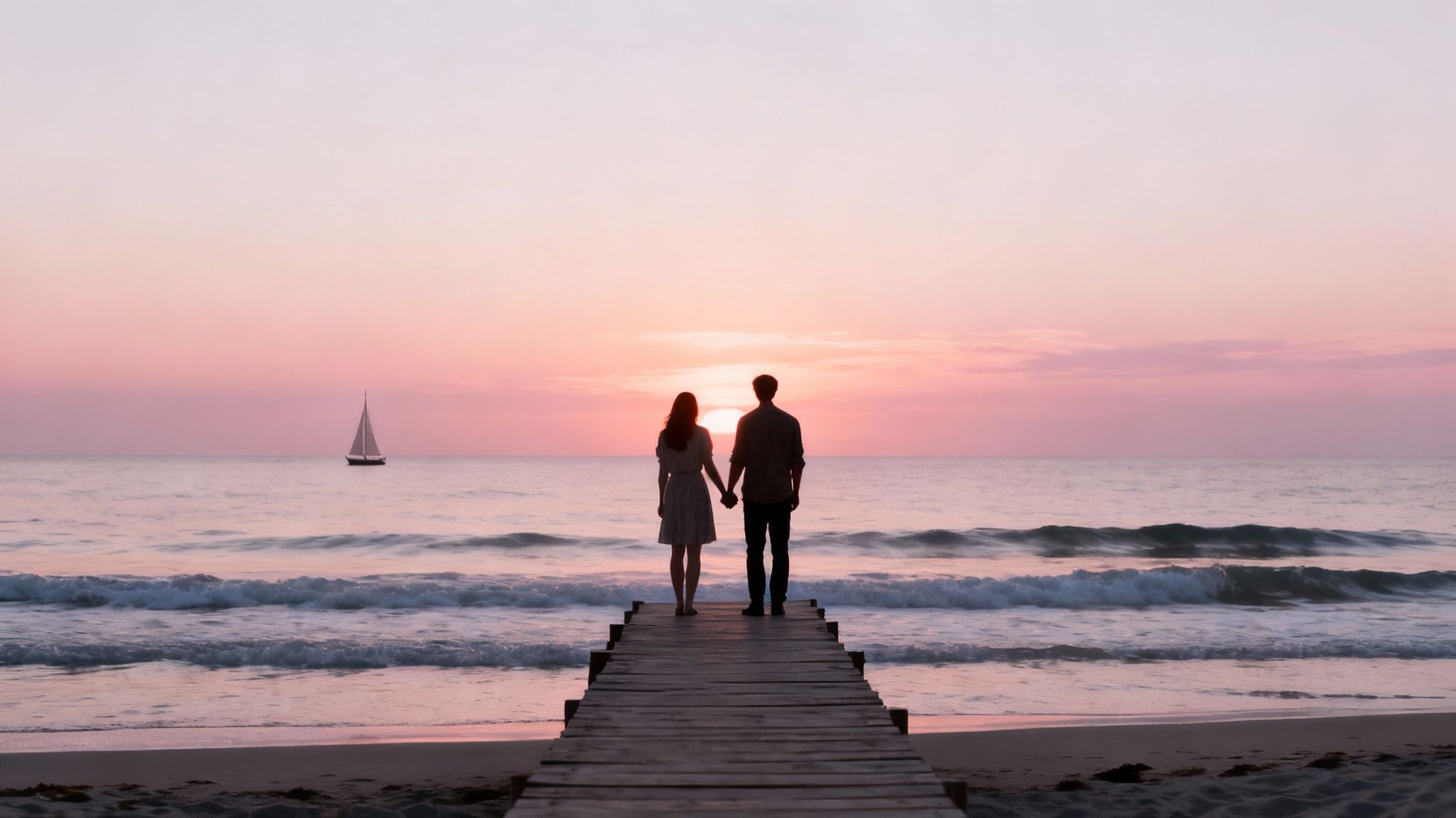 Romantic sunset scene with a couple holding hands on a pier overlooking the ocean and a sailboat.