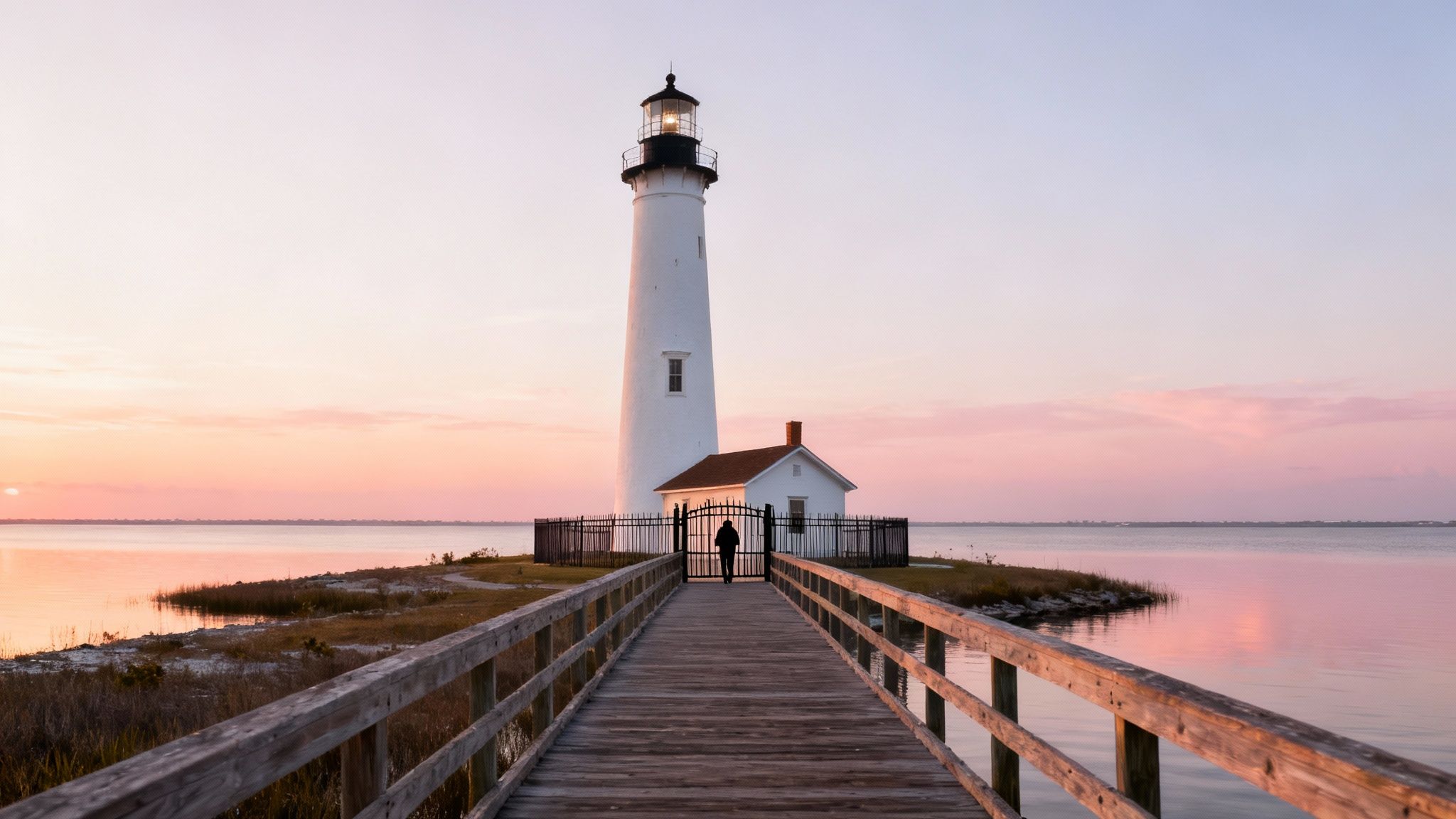 A person approaches a glowing white lighthouse and its keeper's house via a wooden boardwalk at a colorful sunrise.