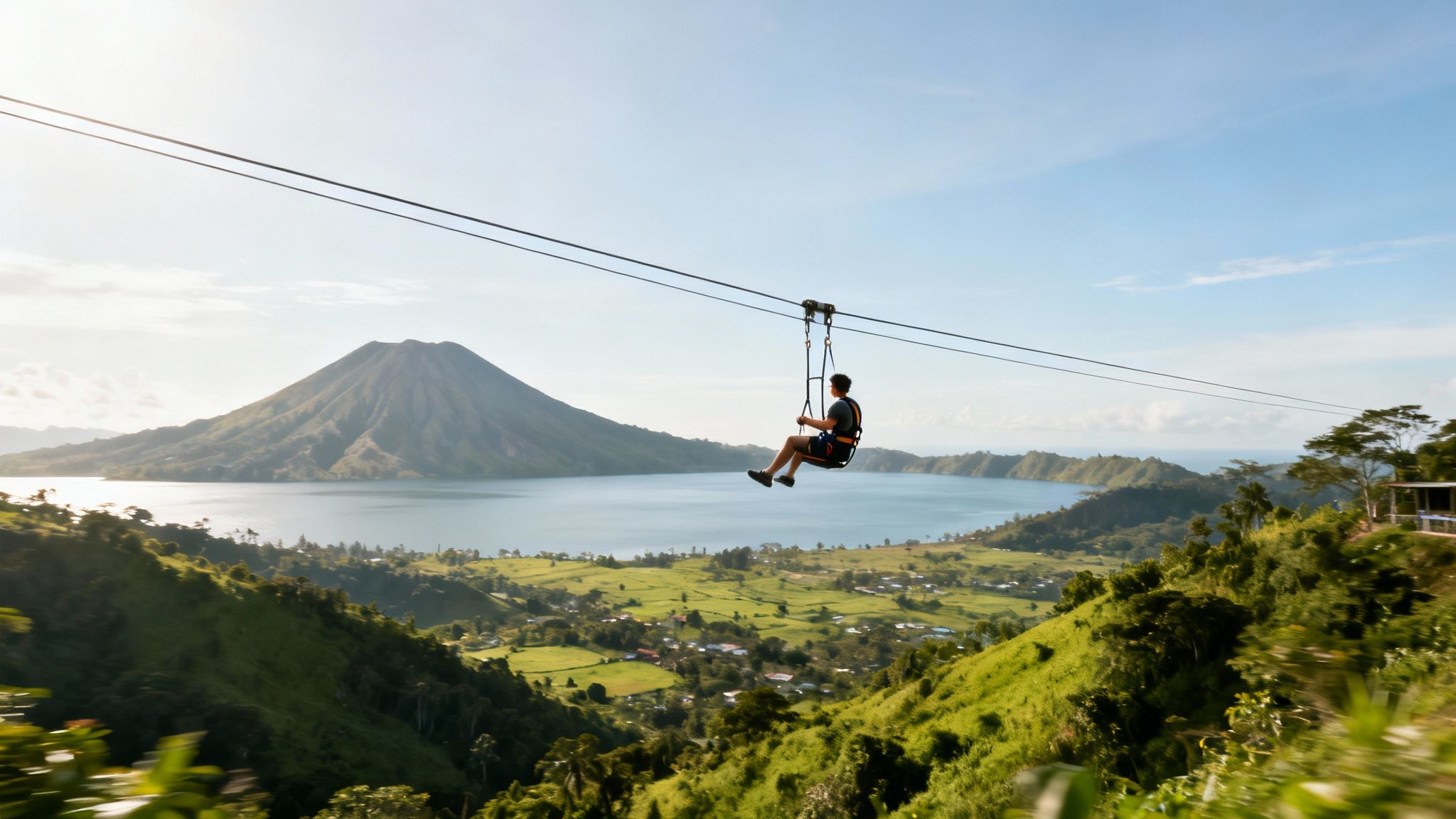 A person zip-lining high above a scenic valley, overlooking a vast lake and a large volcano.