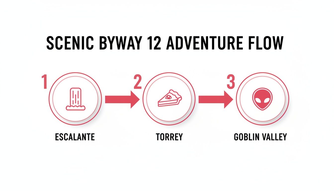 A flowchart outlining the Scenic Byway 12 adventure flow with steps: Escalante, Torrey, and Goblin Valley.