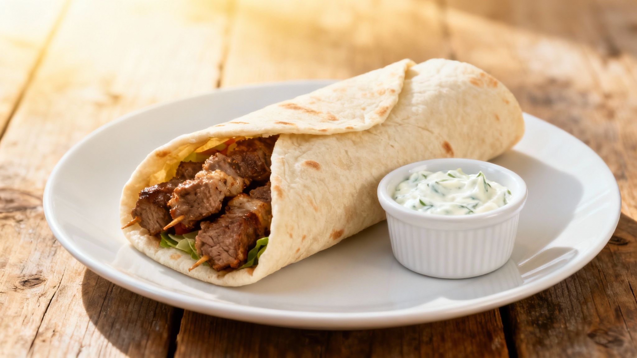 Delicious lamb or pork souvlaki wrap with fresh lettuce and tzatziki sauce on a rustic wooden table.
