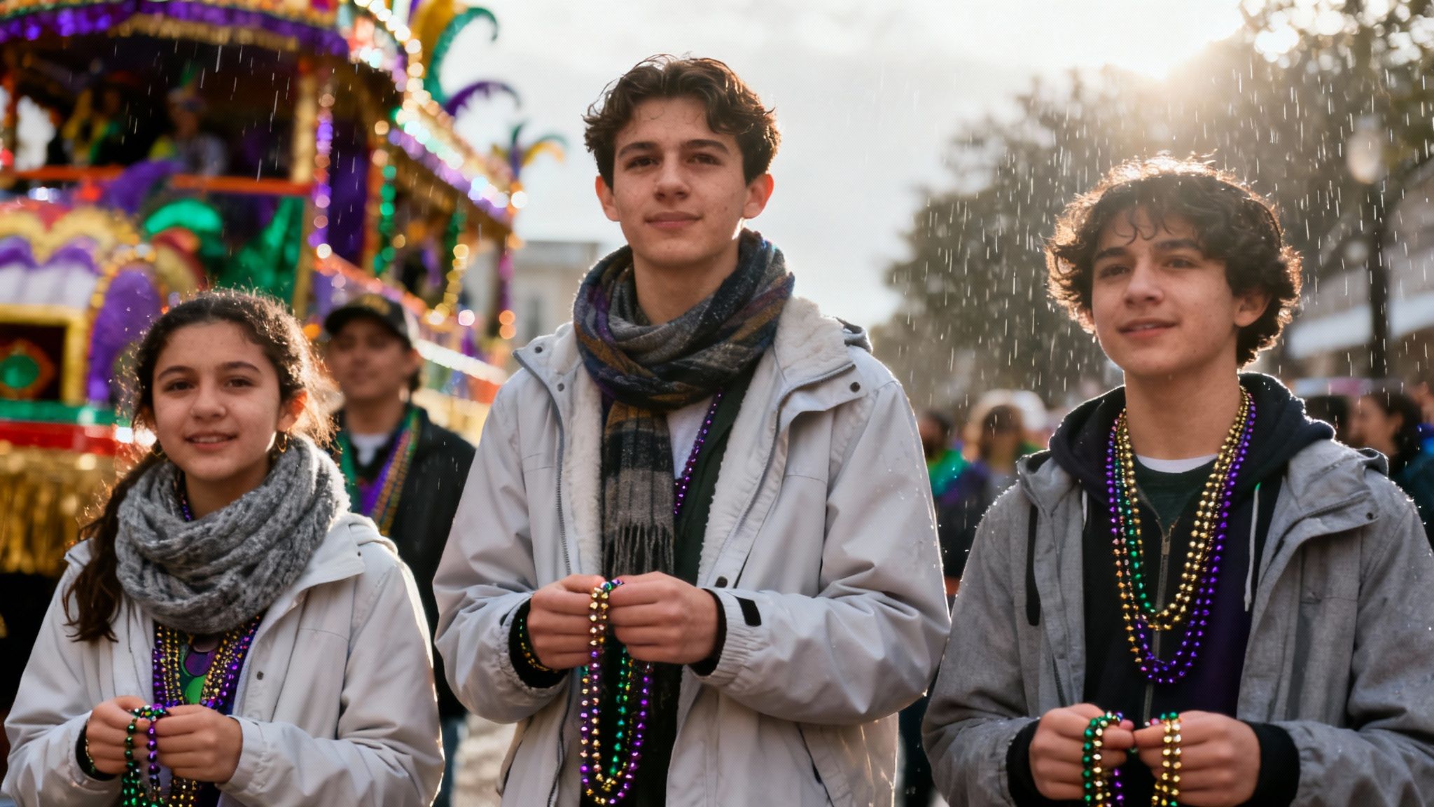 Three happy teenagers holding colorful Mardi Gras beads at a parade with a float.