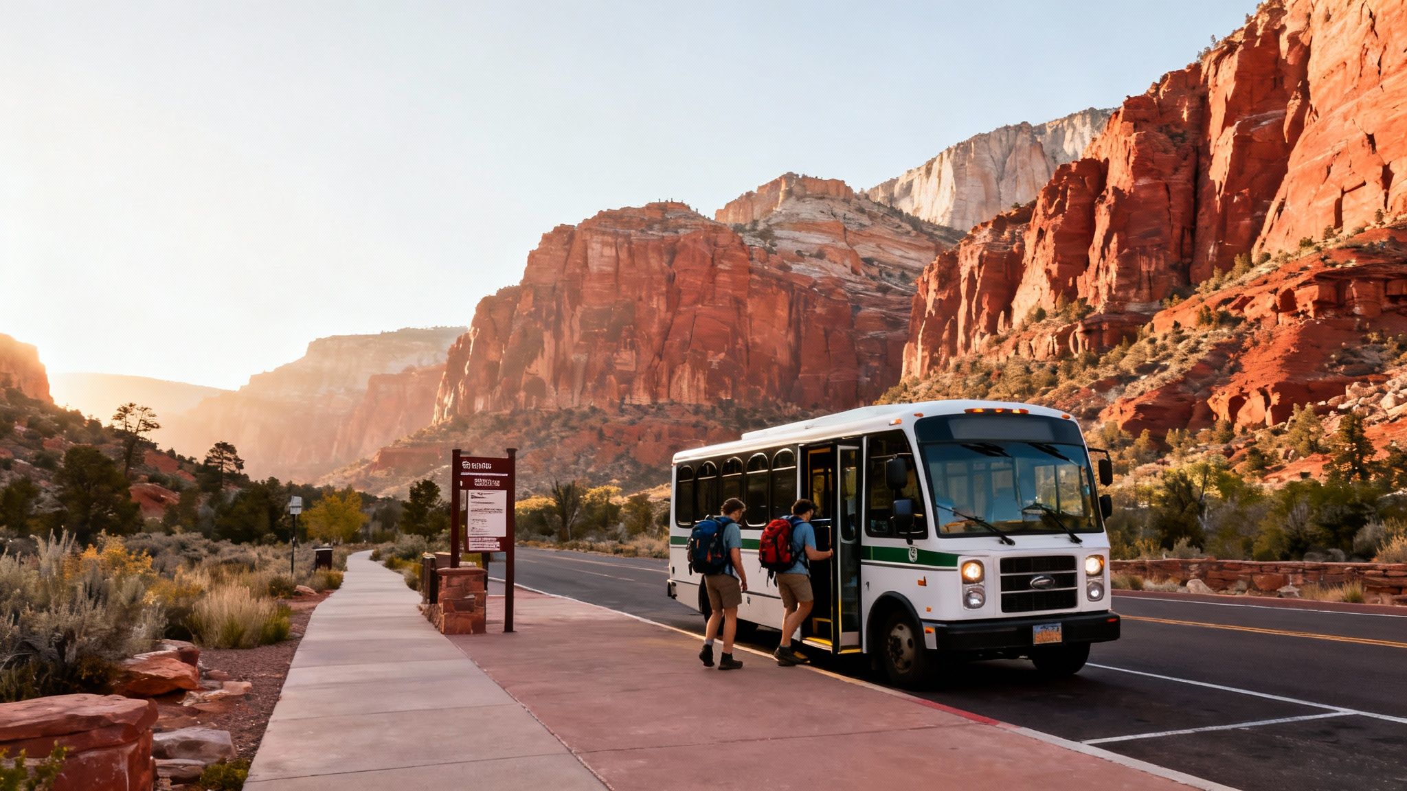 Two hikers with backpacks board a white shuttle bus in Zion National Park, surrounded by majestic red rock cliffs at sunset.