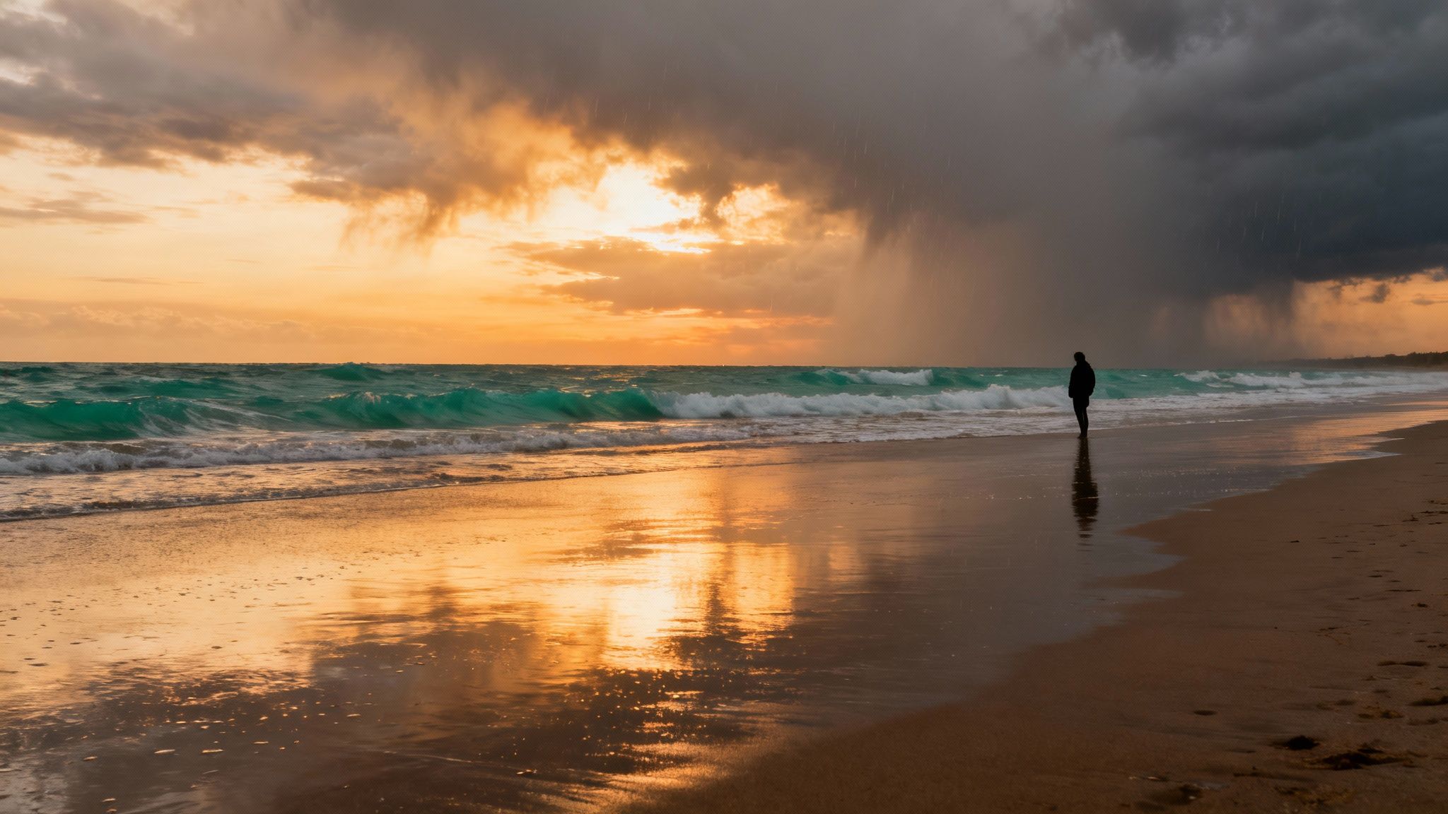 A solitary figure on a beach observing a dramatic sunset and distant rainstorm over the ocean.