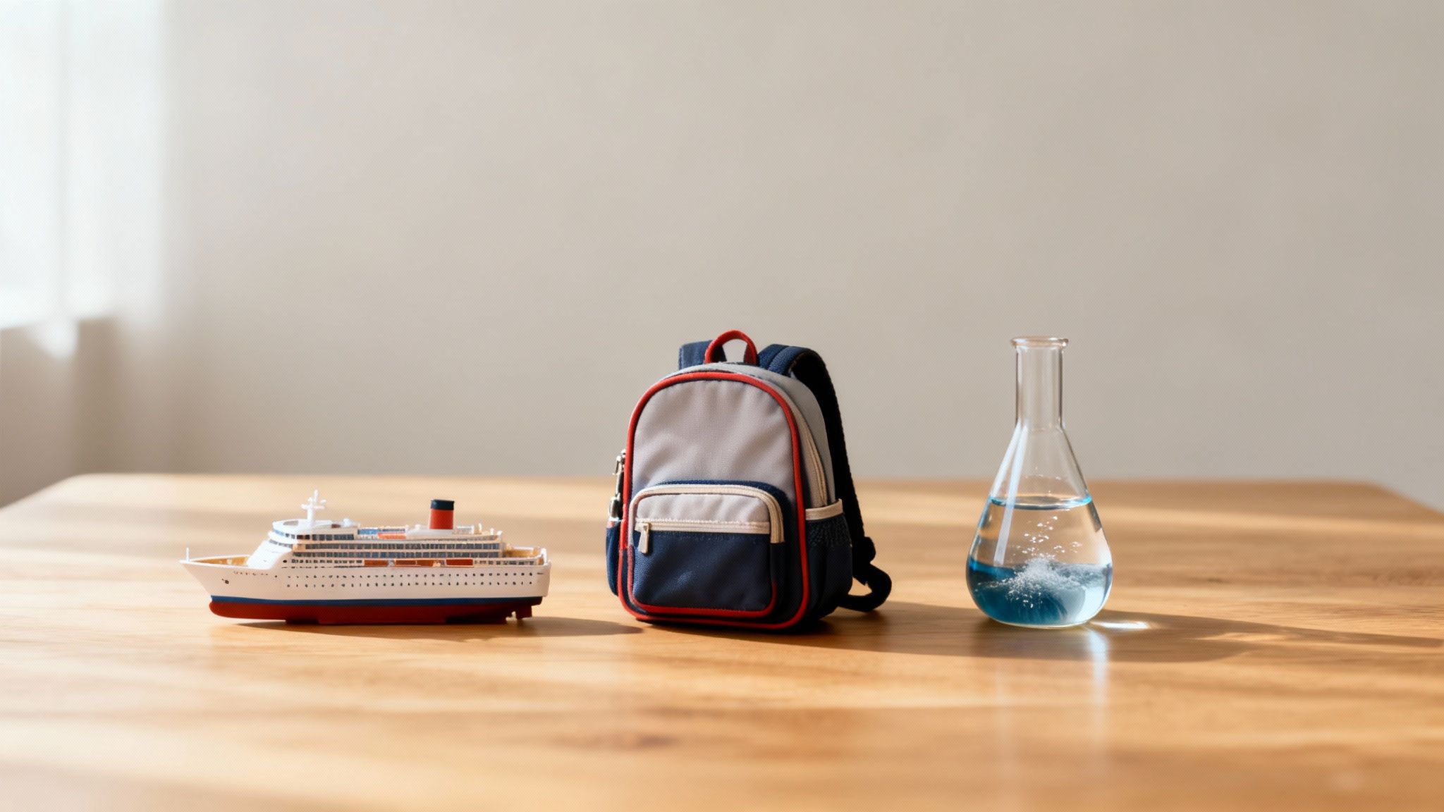 A toy cruise ship, a small backpack, and a science flask on a wooden table.