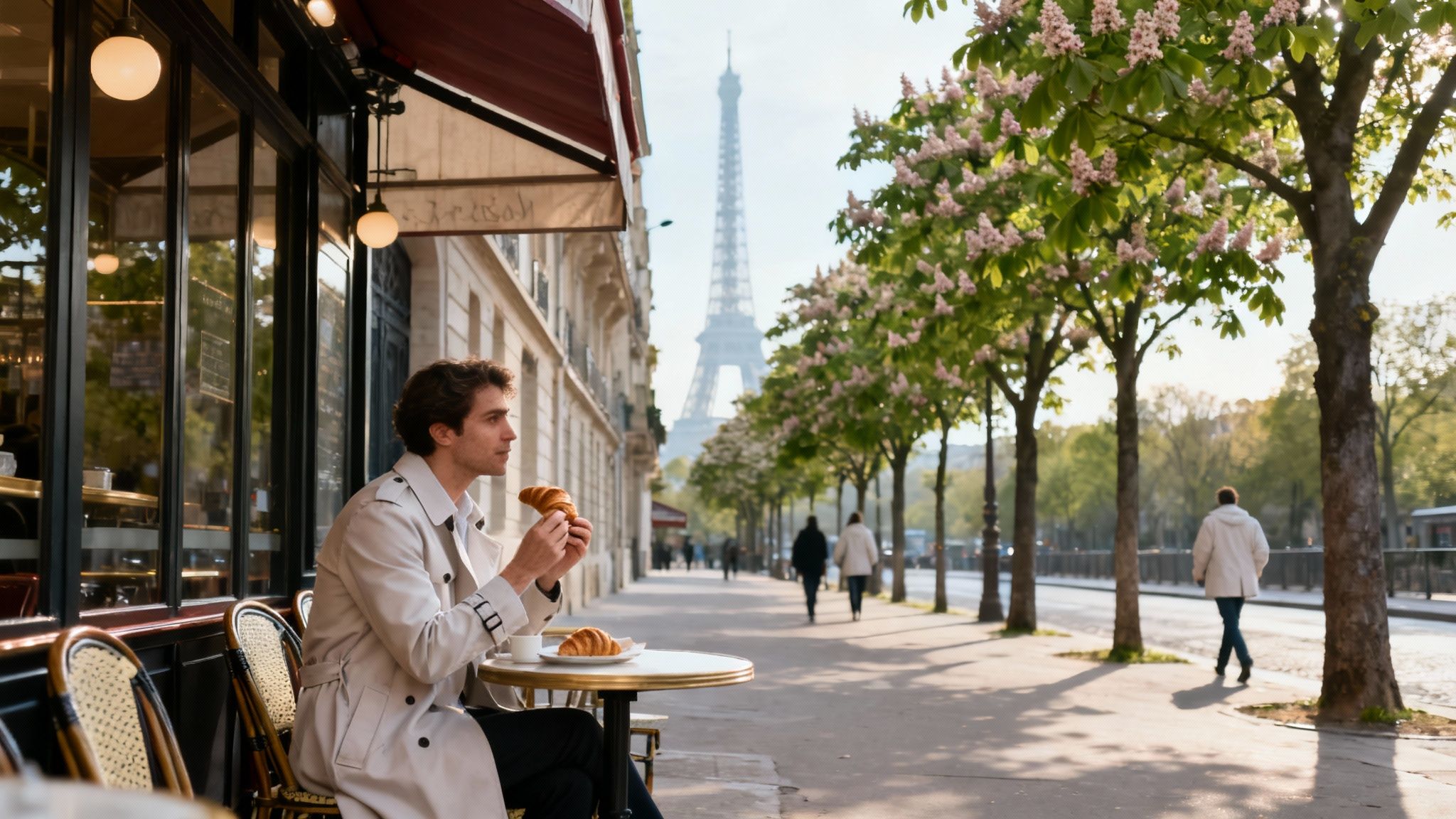 A man in a trench coat enjoys a croissant and coffee at a cafe in Paris with the Eiffel Tower.