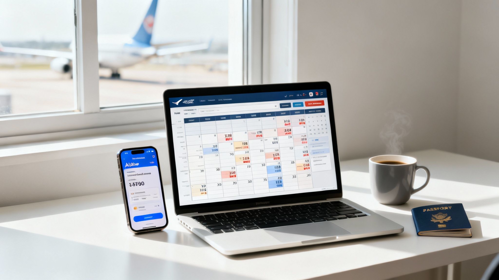 Laptop showing flight deals calendar, phone with booking app, hot coffee, and passport at airport window.