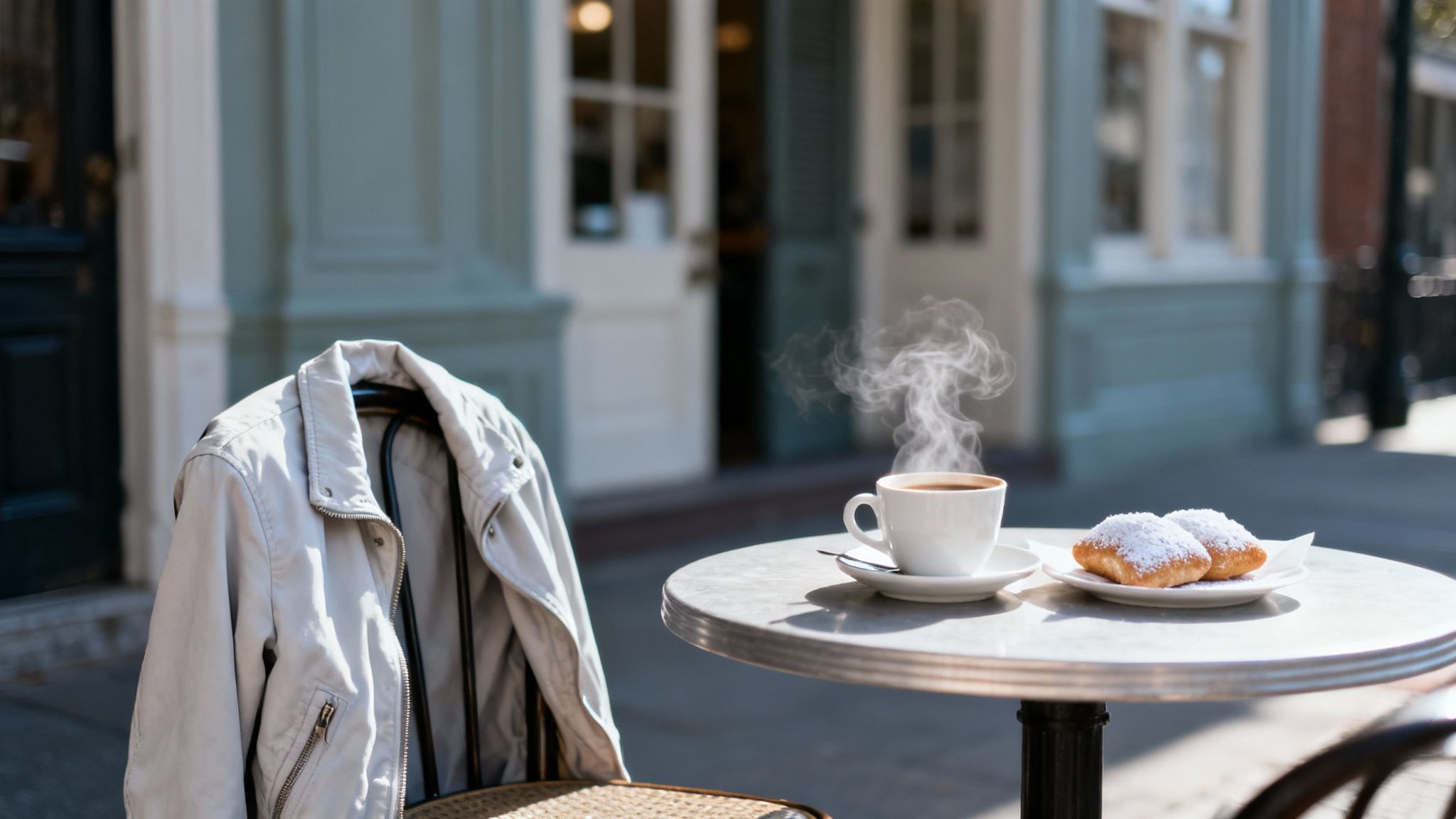 Steaming coffee and two sugar-dusted beignets on an outdoor cafe table with a jacket on a chair.
