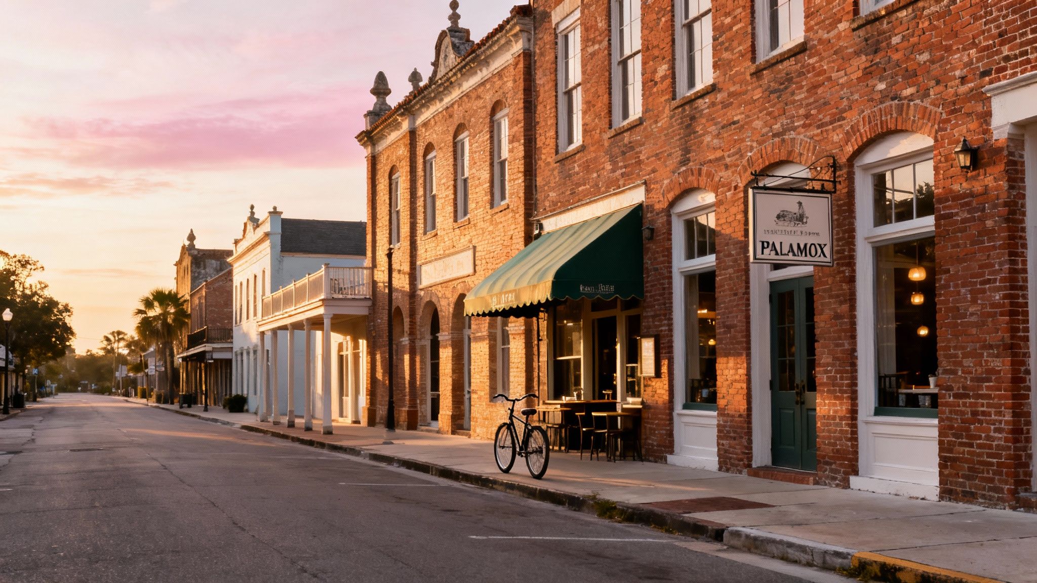 A picturesque historic street with old brick buildings and storefronts under a beautiful pink and orange sky at dawn.