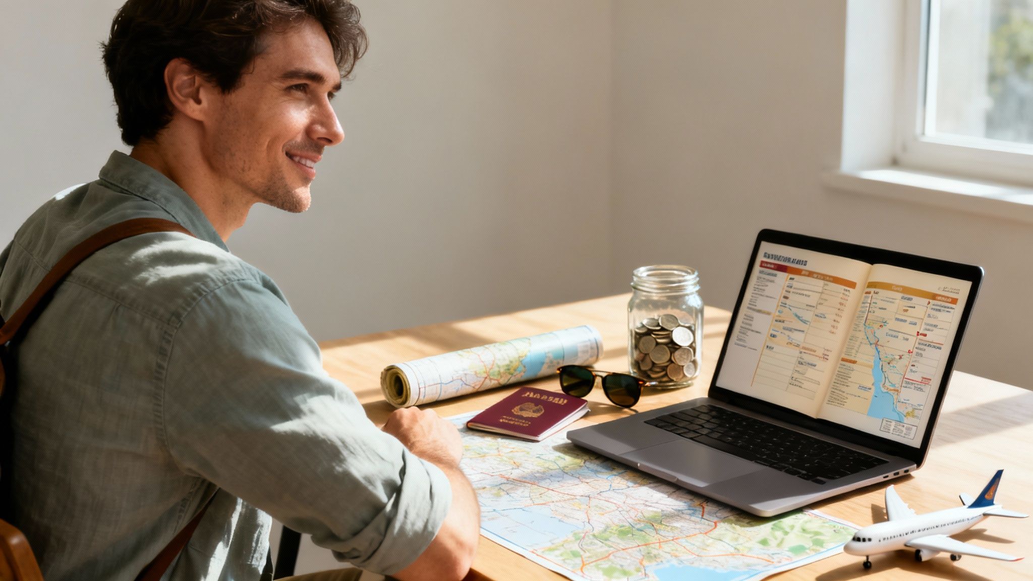 A smiling man planning a vacation with a laptop, maps, passport, and savings on a desk.