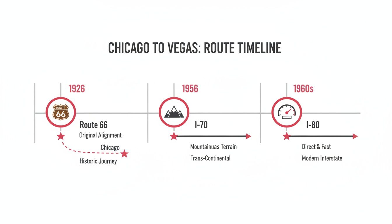 A timeline illustrating the evolution of routes from Chicago to Vegas, including Route 66, I-70, and I-80.