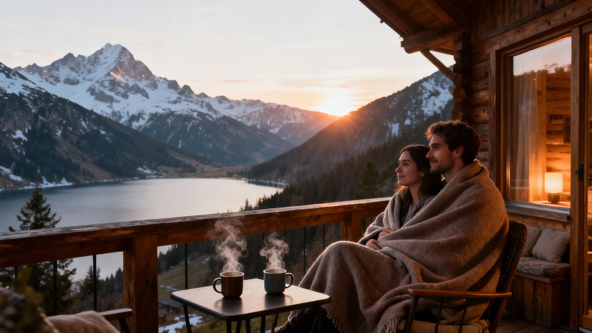A cozy couple wrapped in a blanket on a cabin balcony, enjoying hot drinks and a stunning mountain lake sunset view.
