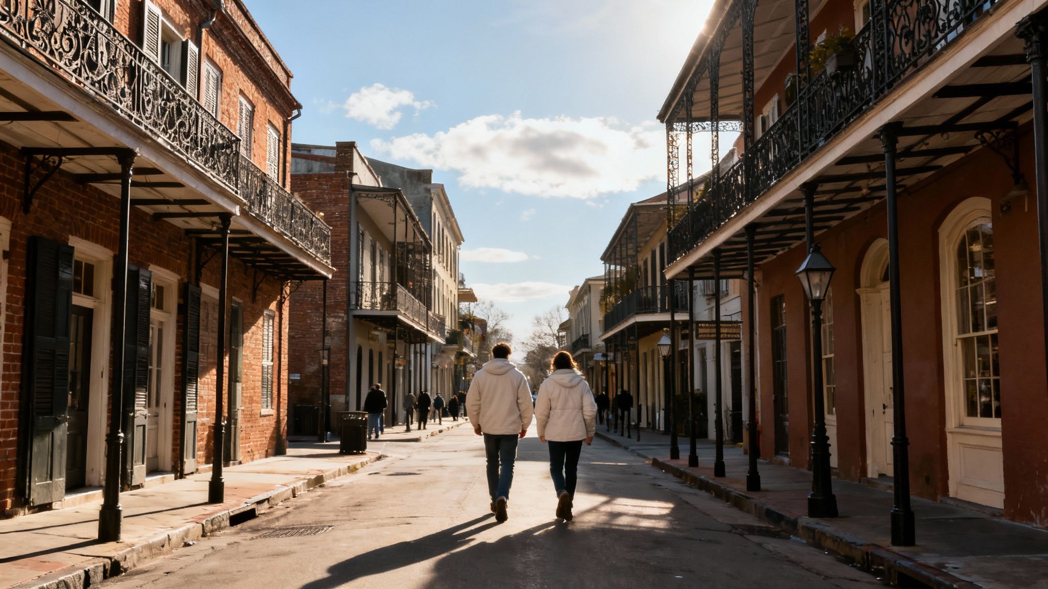 Two people walk down a sunlit historic street lined with brick buildings and wrought-iron balconies.
