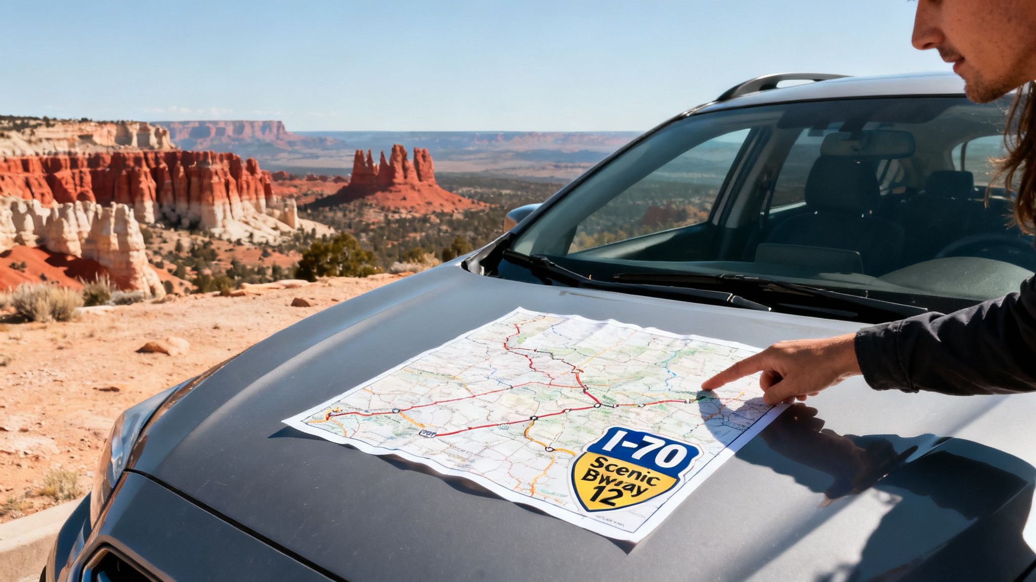 A person studying a map on a car hood overlooking a vast desert landscape with red rock formations.