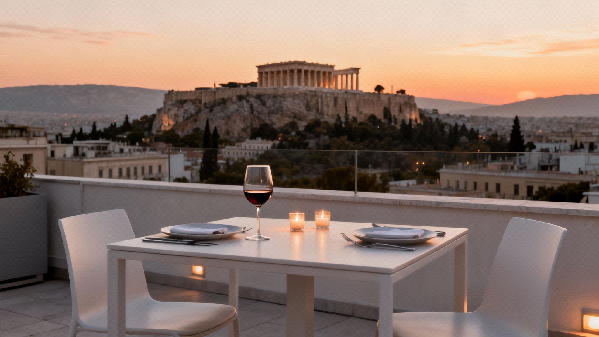 Rooftop dining with a glass of red wine and candles, overlooking the Parthenon in Athens at sunset.