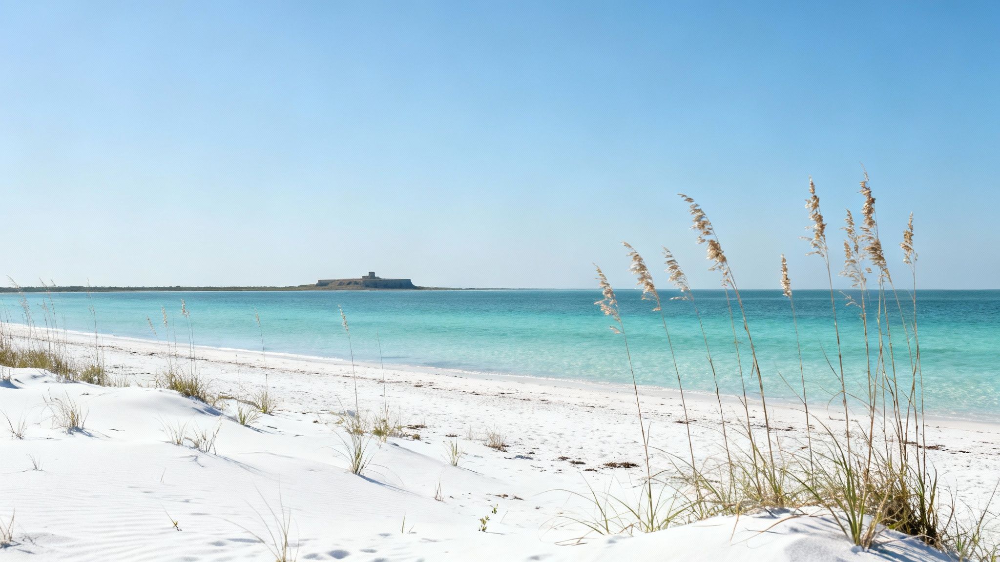White sand beach with sea oats, clear turquoise water, and a historic fort in the distance under a blue sky.