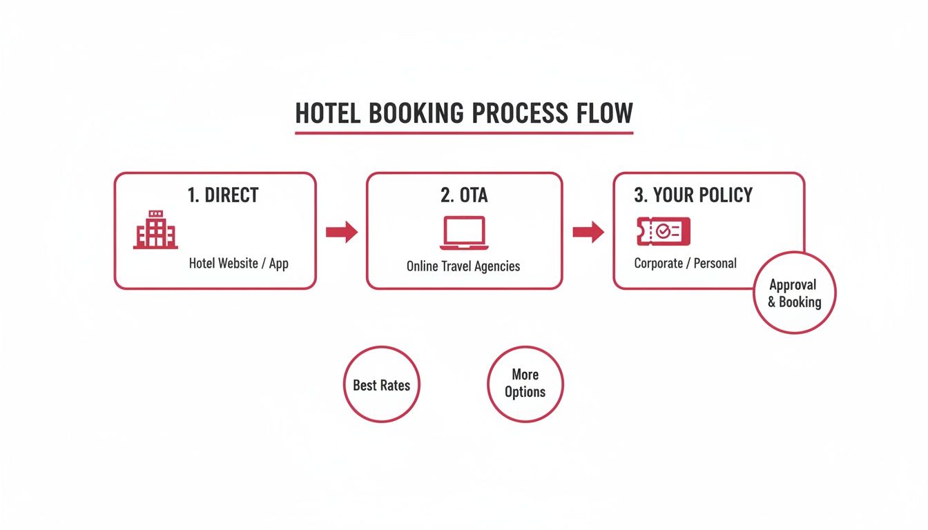 A flowchart showing the hotel booking process, including direct, OTA, and policy steps.