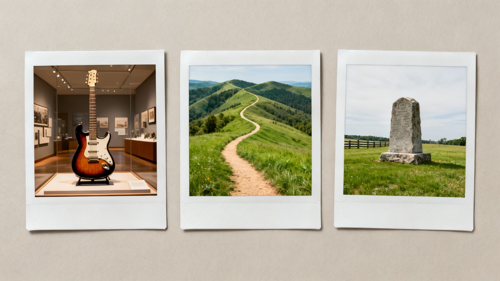 Three Polaroid-style photos featuring a vintage guitar, a winding mountain path, and a stone monument.