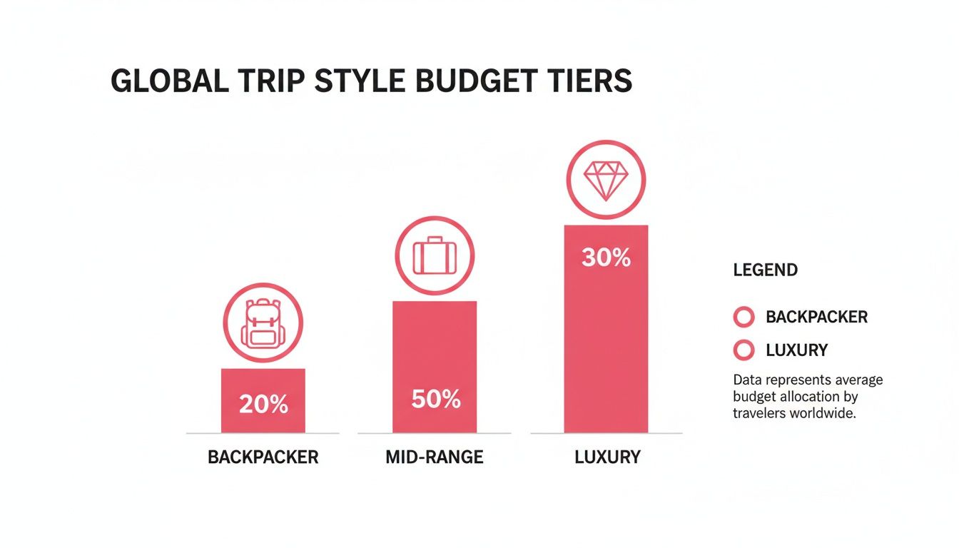 Bar chart showing global trip style budget tiers: Backpacker 20%, Mid-range 50%, Luxury 30%.