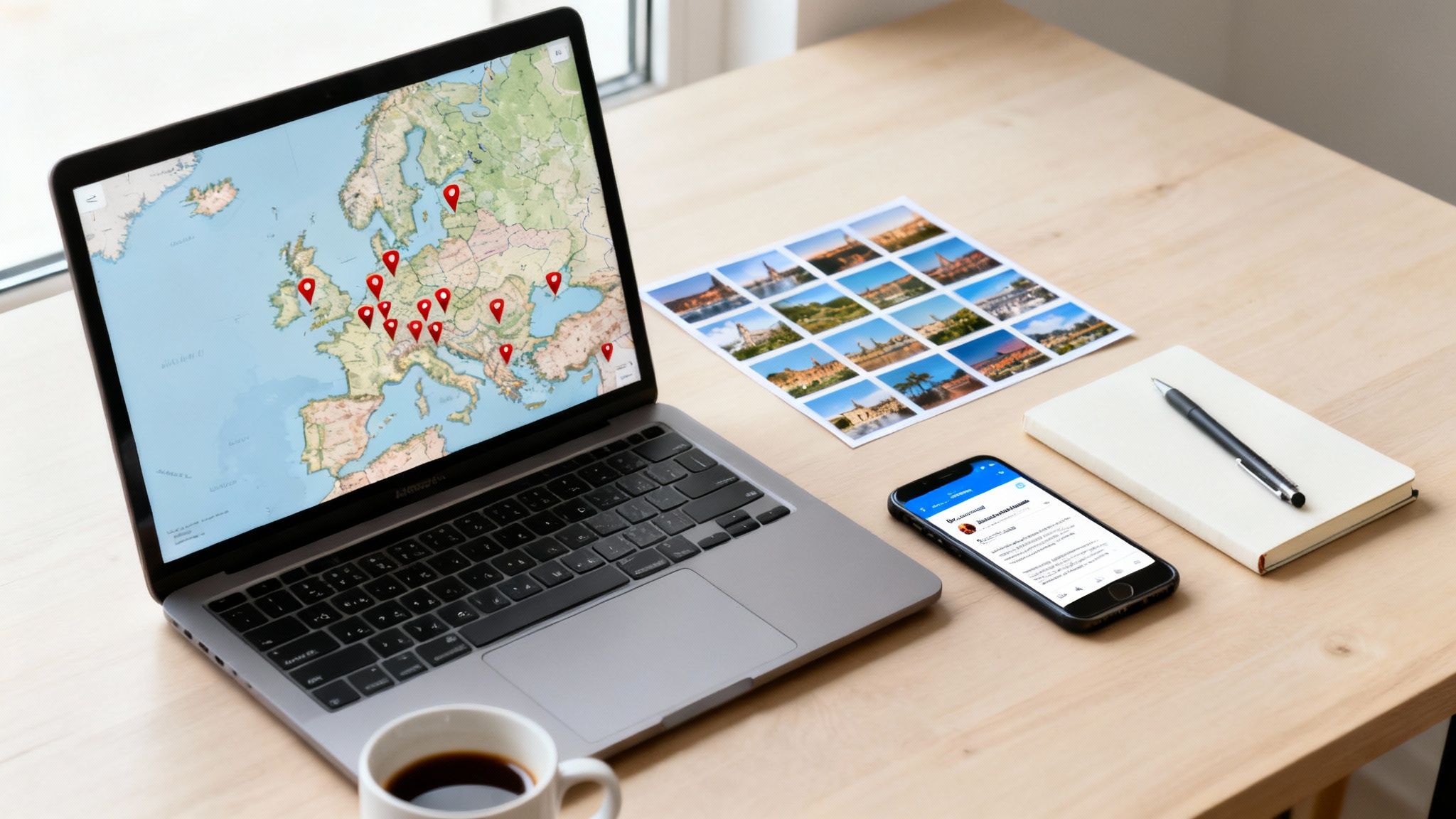 A desk with a laptop displaying a European map with travel pins, travel photos, a smartphone, and coffee.