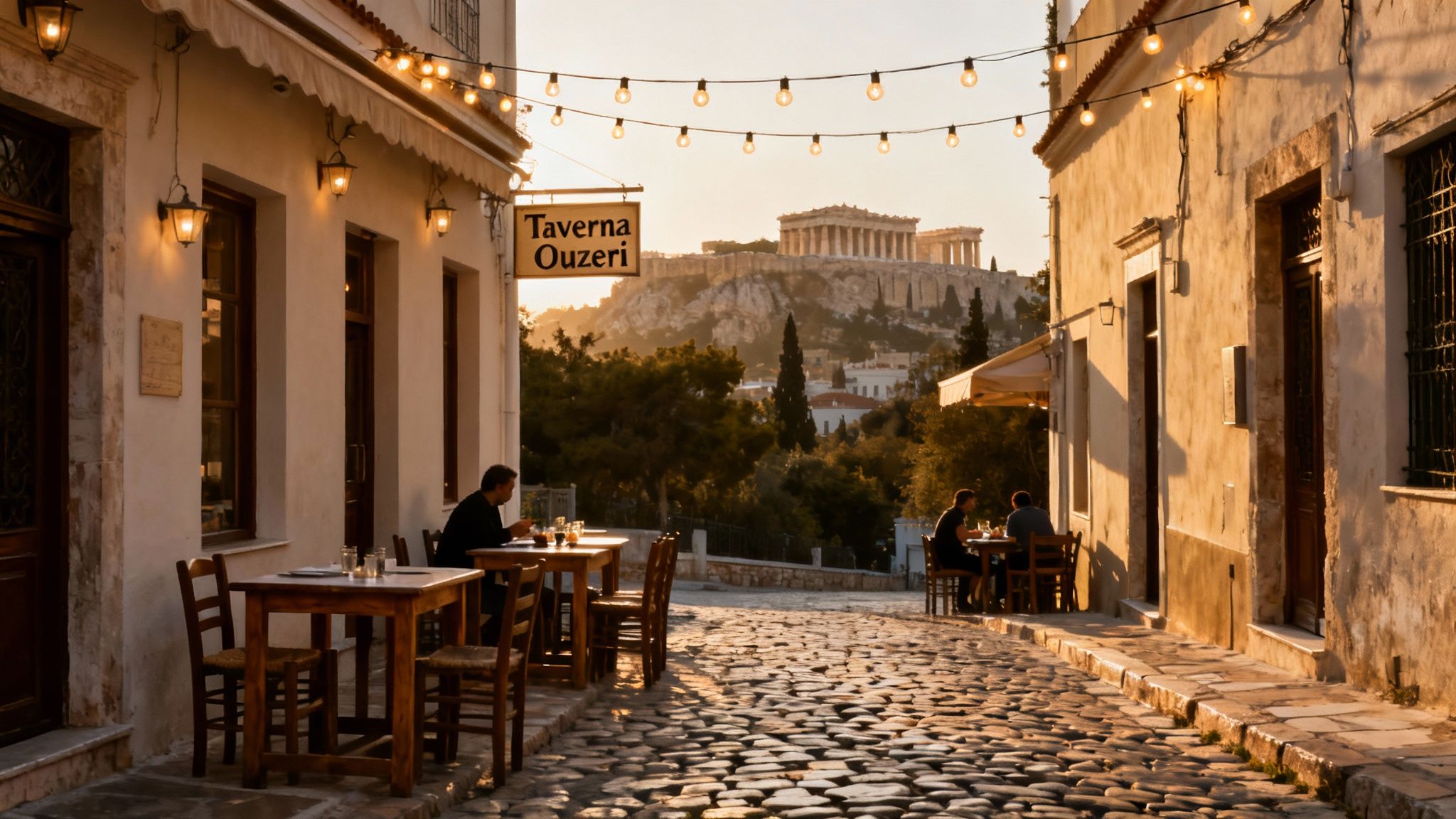 People enjoying outdoor dining at a charming taverna in Athens with the illuminated Acropolis in the distance at sunset.