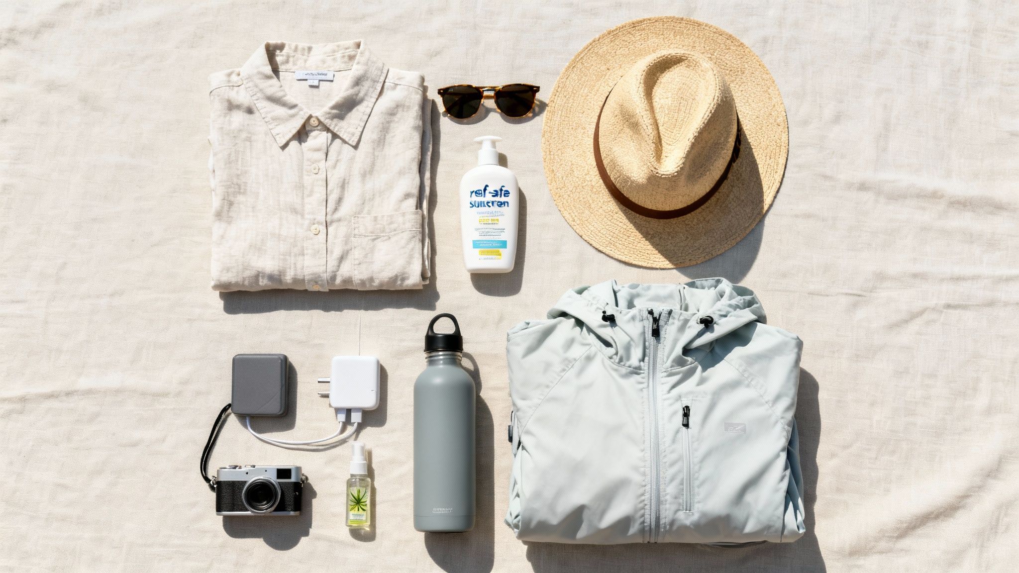 A flat lay of summer travel essentials including a linen shirt, straw hat, sunscreen, water bottle, and camera on a light fabric.