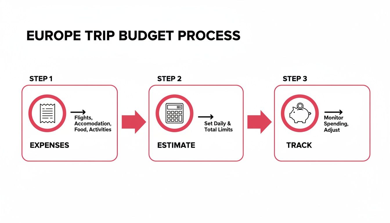 A three-step flowchart outlining the Europe trip budget process: Expenses, Estimate, and Track.