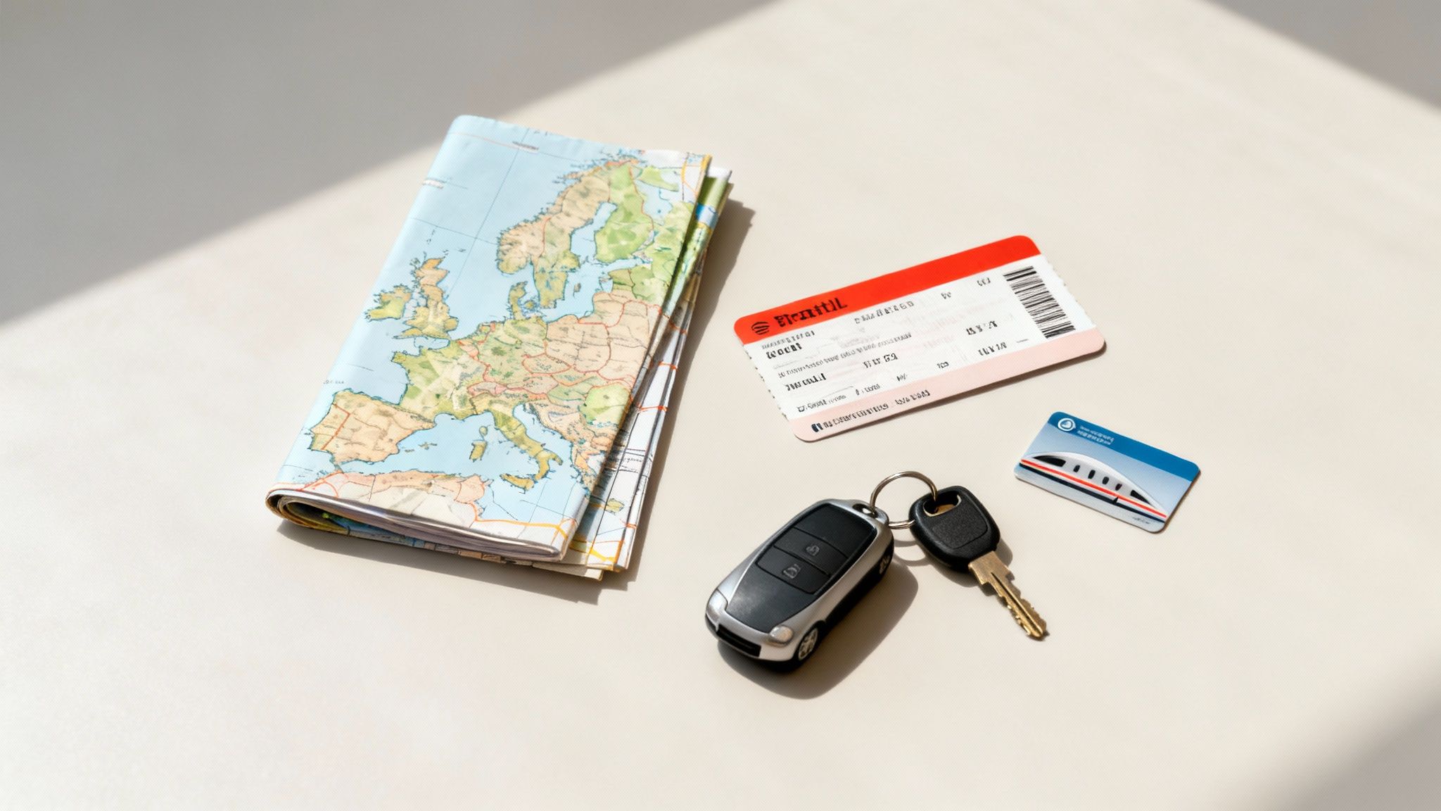 Overhead view of travel essentials: a Europe map, train ticket, car key, and train magnet.