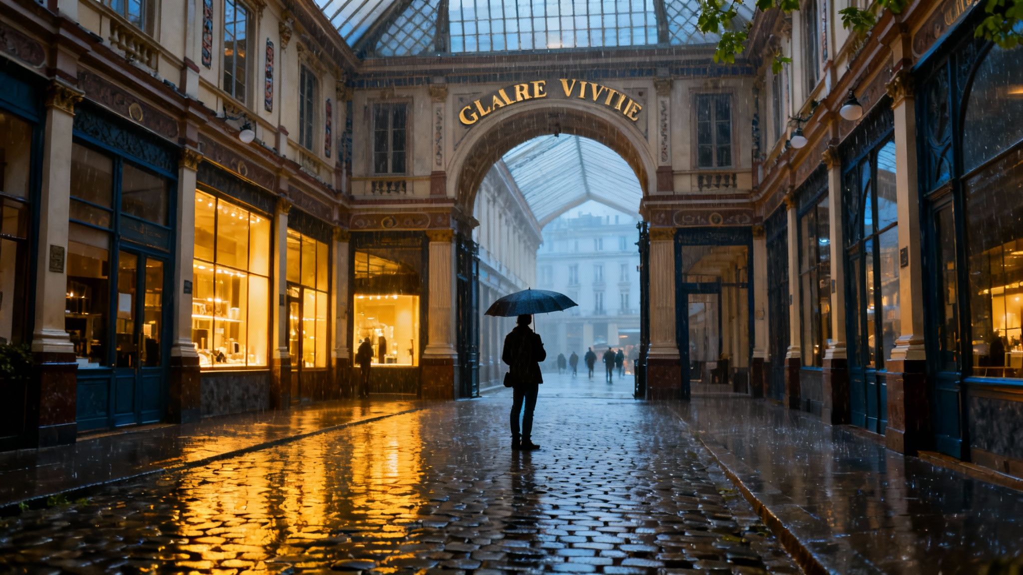 A lone figure with an umbrella stands in a rainy, illuminated Parisian covered passage.