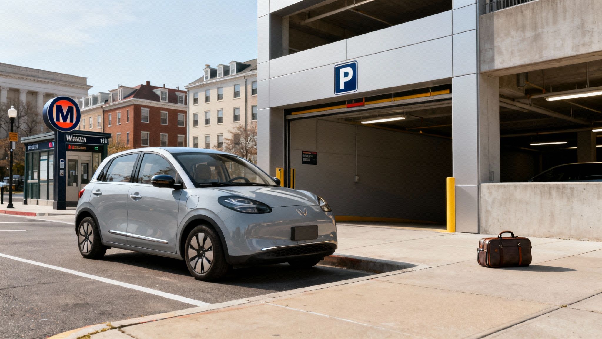 A light gray electric car parked near a subway station and a parking garage entrance on a sunny day.