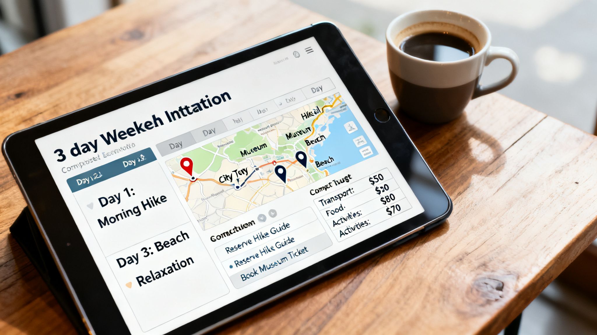 A tablet on a wooden table displays a 3-day travel itinerary with a map and expenses, beside a cup of coffee.