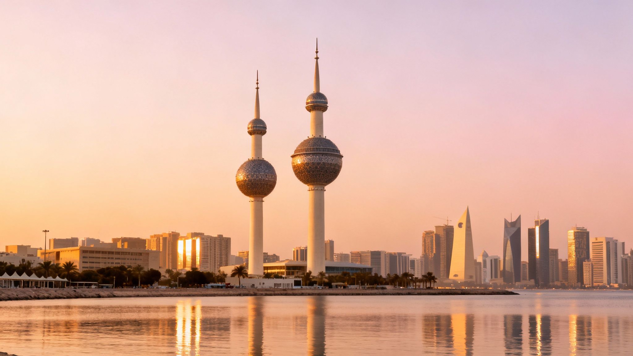 Iconic Kuwait Towers and modern city skyline glowing in golden light reflected on water.