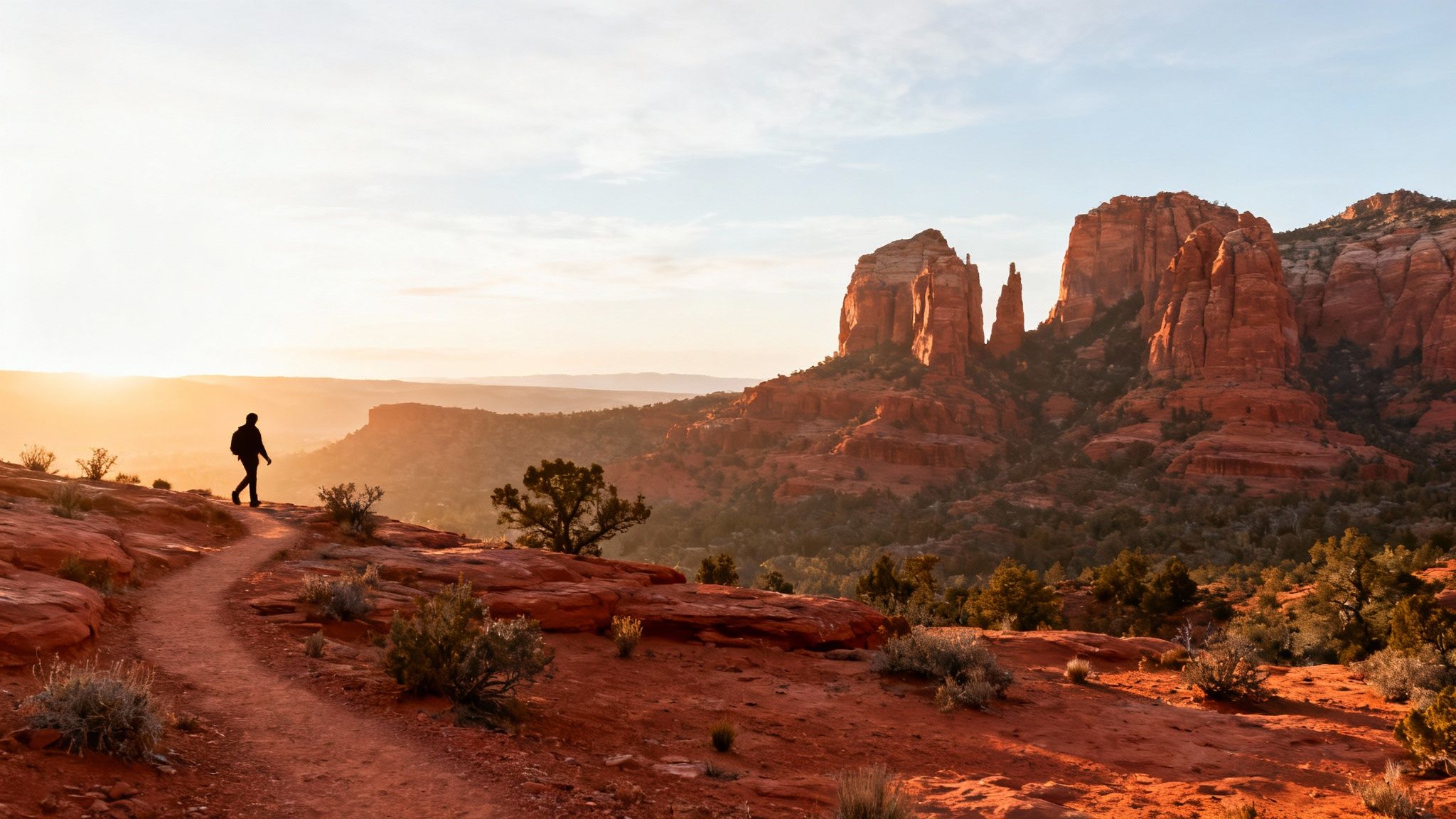 A person hikes a winding dirt path towards red rock mountains at sunset in a vast desert landscape.