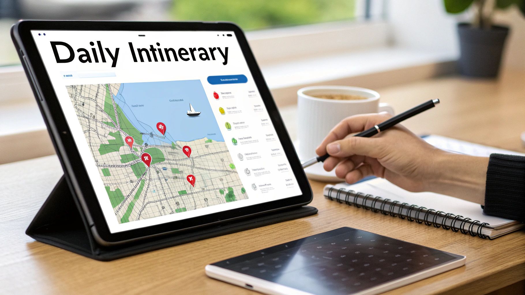 A person's hand with a stylus interacting with a tablet displaying a travel itinerary map.