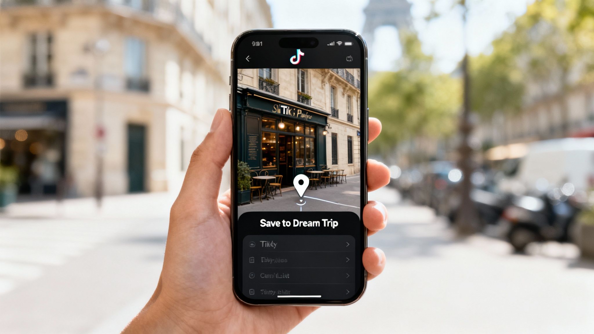 A hand holds a smartphone displaying a travel app with a cafe location and 'Save to ' options.