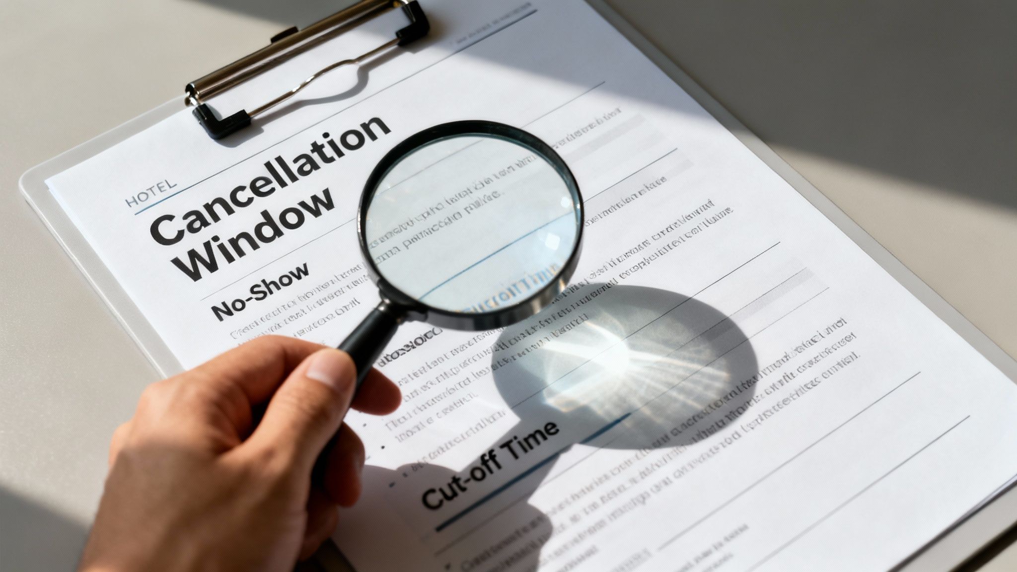 A person uses a magnifying glass to scrutinize a document detailing hotel cancellation window terms.