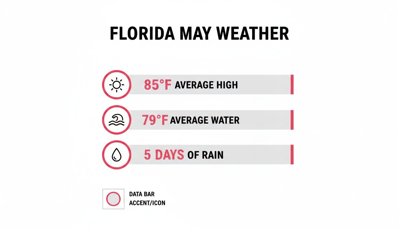 Florida May weather forecast showing average high temperature, water temperature, and days of rain.
