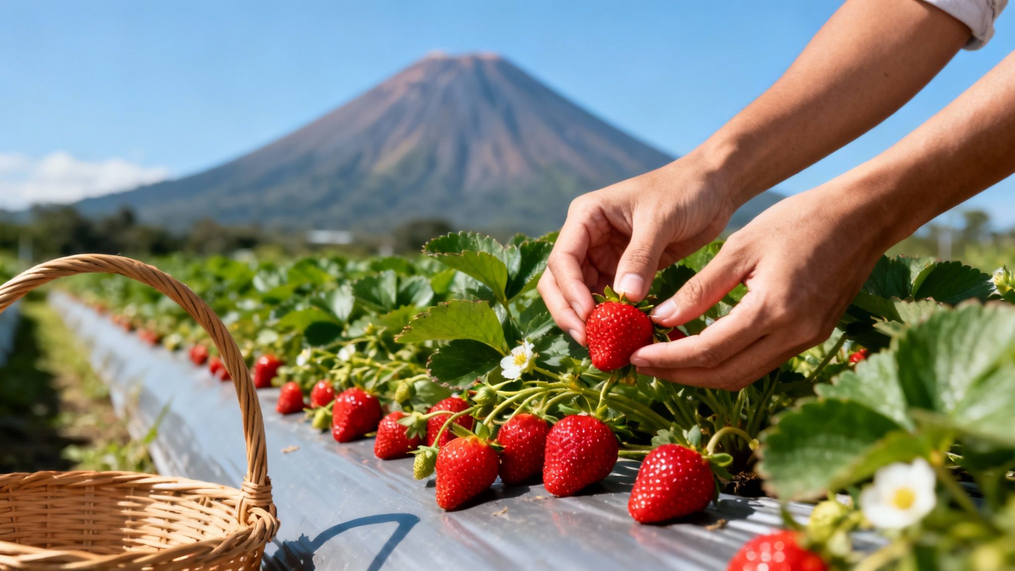 A person's hands picking ripe red strawberries from plants in a field with a large mountain in the background.