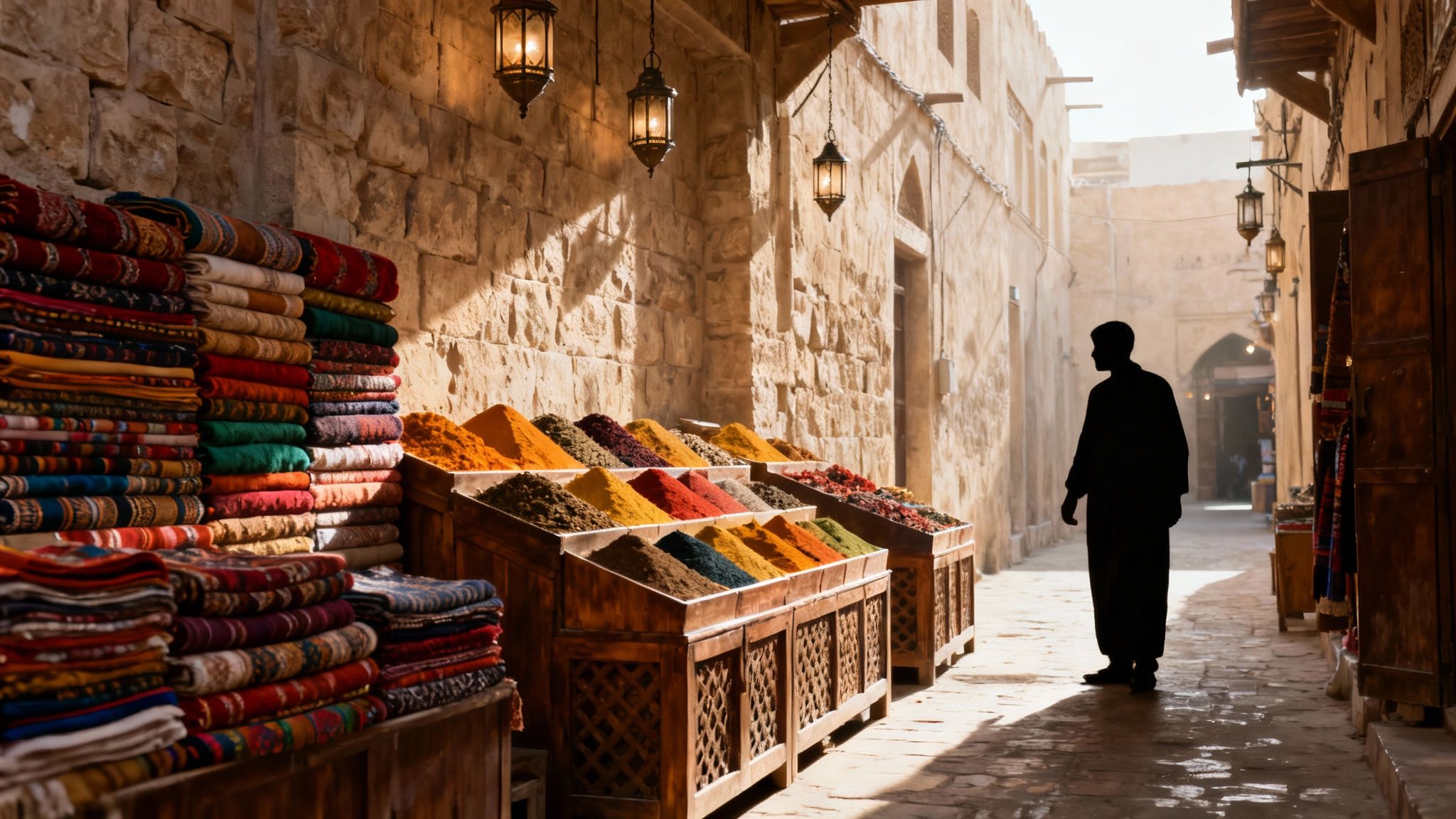 Traditional Middle Eastern souk with colorful spices, textiles, lanterns, and a lone figure.