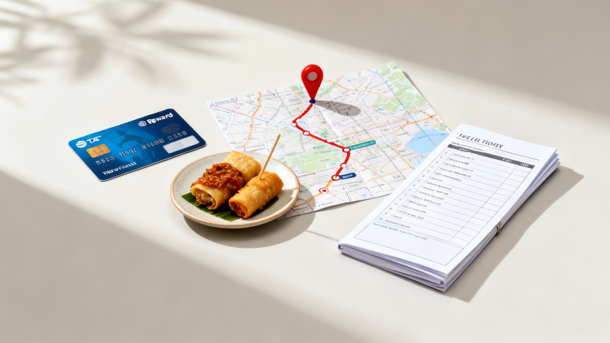 A credit card, spring rolls, a map with a travel route, and a travel planner for vacation budgeting.