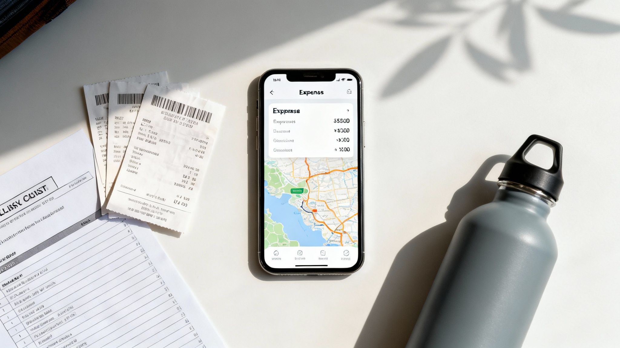 Flat lay of a smartphone showing an expenses app with a map, receipts, and a grey water bottle.