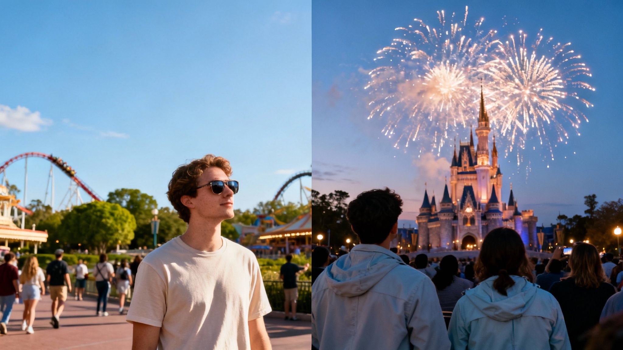 Split image: A man at an amusement park with a roller coaster, and fireworks over a castle at dusk.