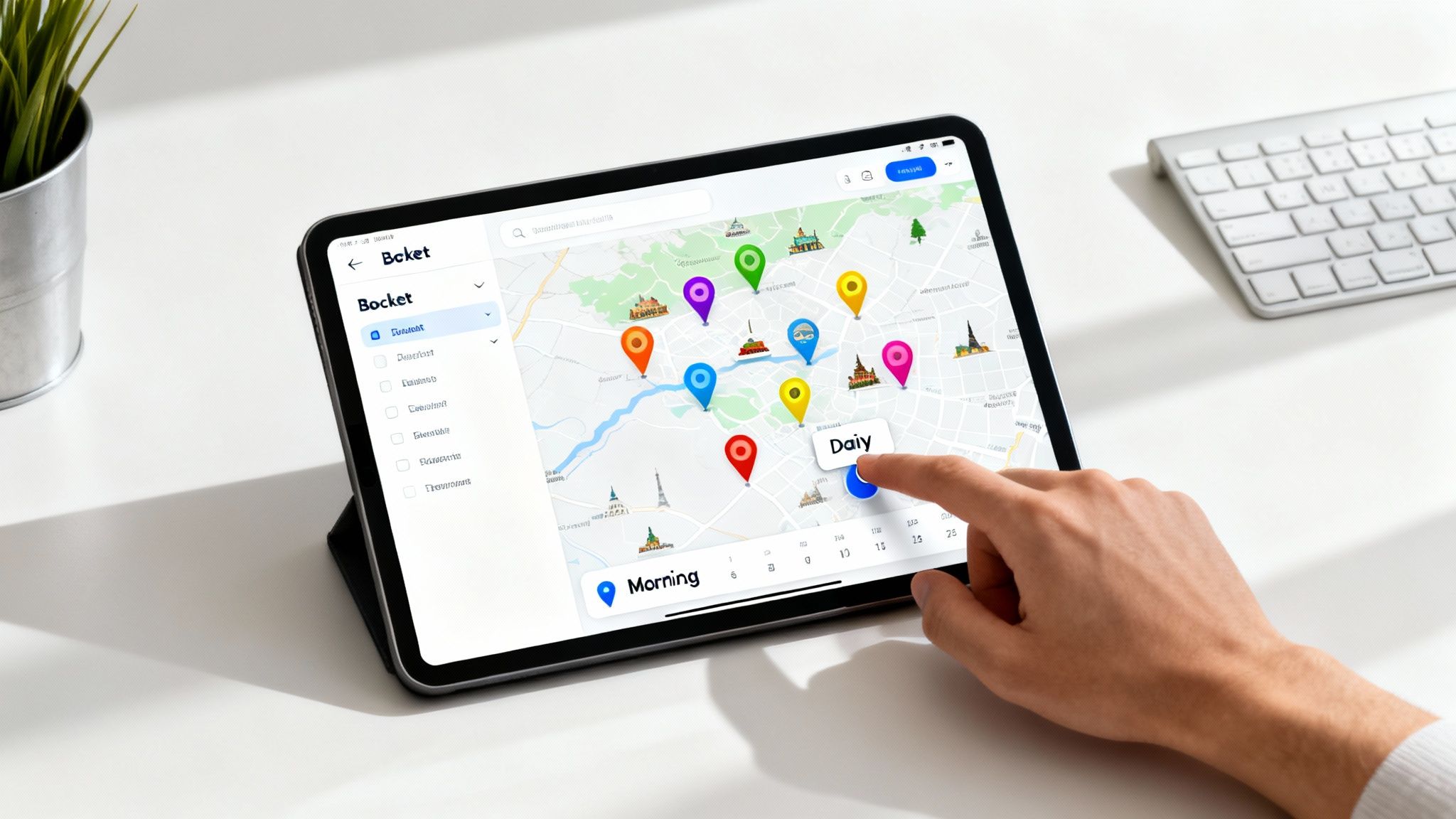 A hand taps on a tablet displaying a travel planning app with a map and colorful pins.