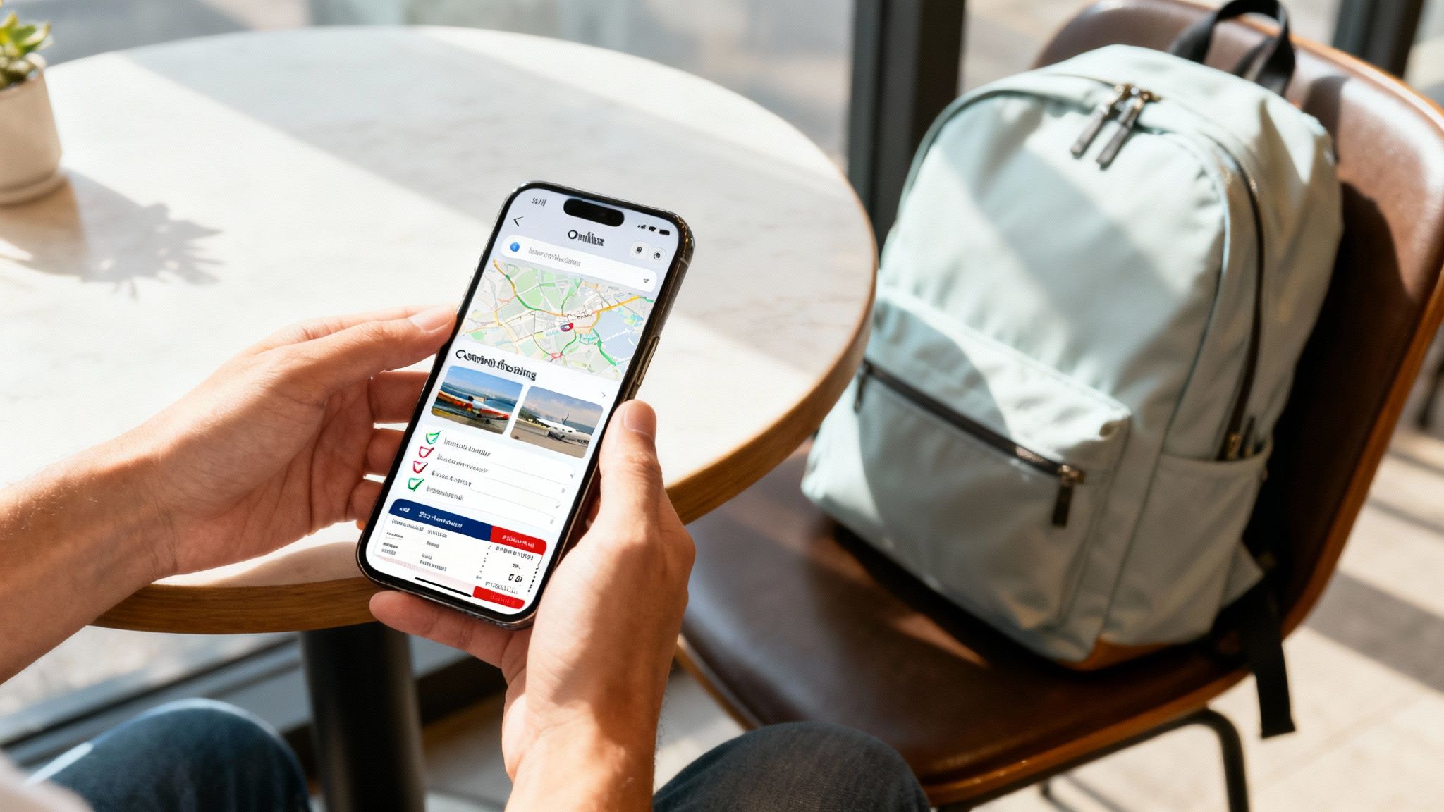 Person's hands hold a smartphone showing a travel itinerary planning and booking app with a map.