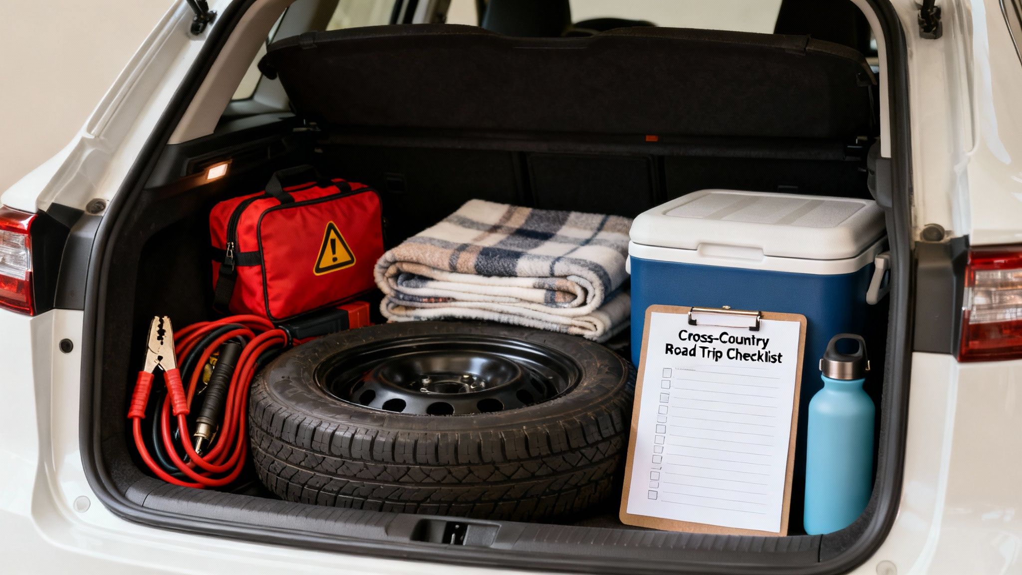 A car trunk is packed with road trip essentials including a spare tire, first aid kit, blanket, cooler, and checklist.