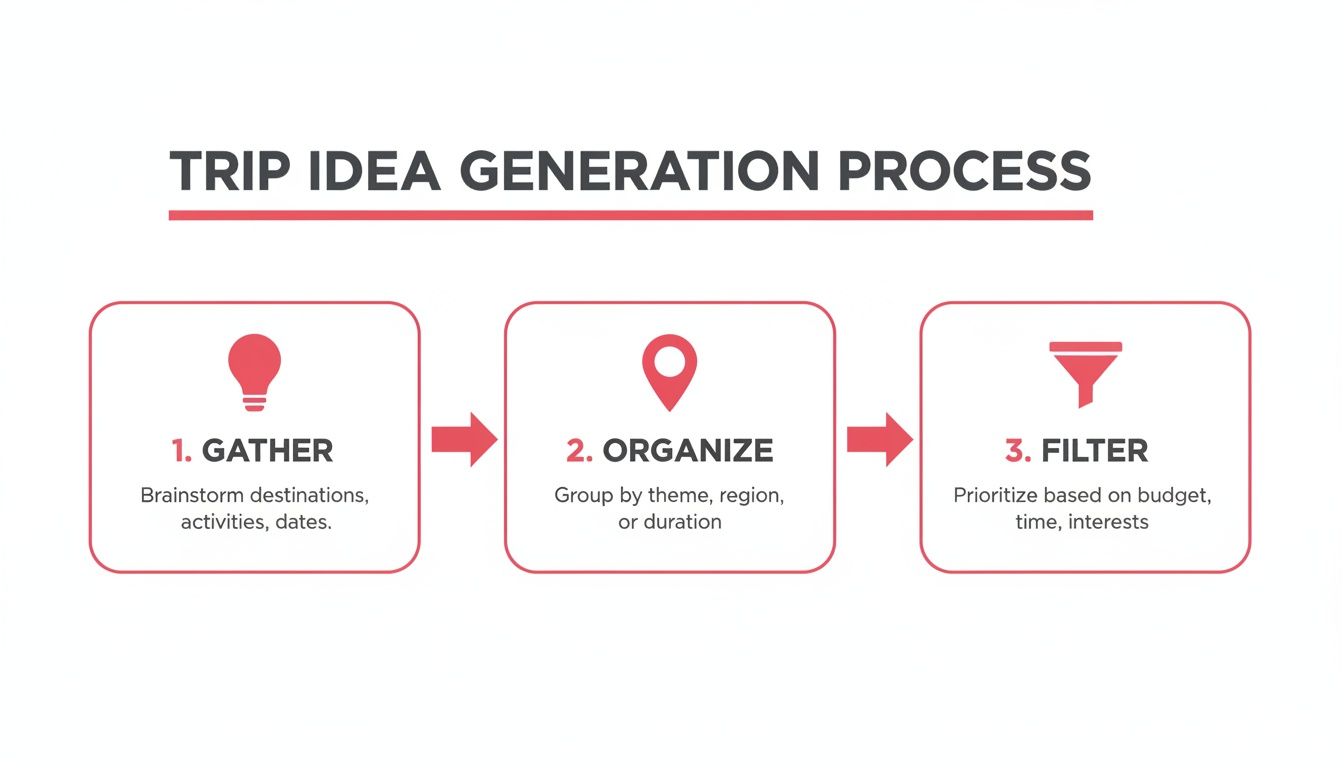 Infographic detailing a three-step trip idea generation process: Gather, Organize, and Filter.